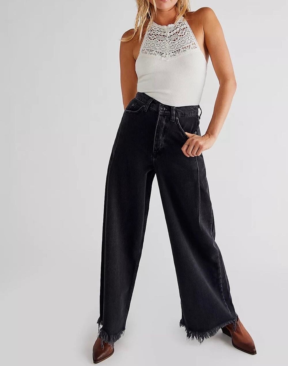 We The Free People Old West Slouchy Wide Leg Black Wash Baggy Jeans Size 26